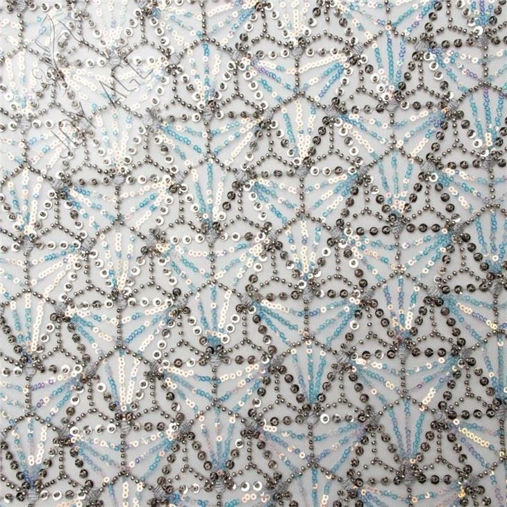 Gray Beaded Sequin Bridal Wedding Fabric
