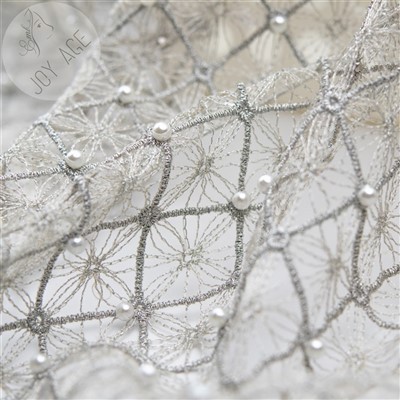 Silver Yarn Square Shaped Guipure With Pearl Beaded Fabric