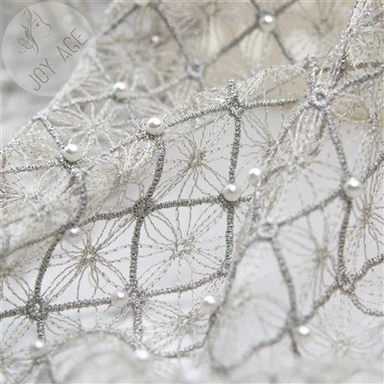 Silver Yarn Square Shaped Guipure With Pearl Beaded Fabric